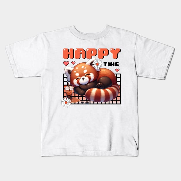 Red Panda Boba Happy time Kids T-Shirt by MasutaroOracle